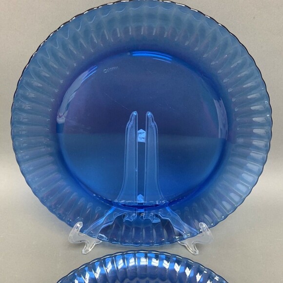 Colorex Cobalt Blue Dinner Glass Plates Fluted Edge Scalloped Brazil Lot of 2 - Picture 2 of 10